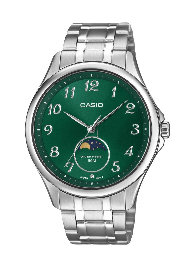 Analog Men’s Watch MTP-M110D-3AVDF, 42.5 mm Green Dial with Moon Phase Indicator, Silver Stainless Steel Bracelet, 50 m WR